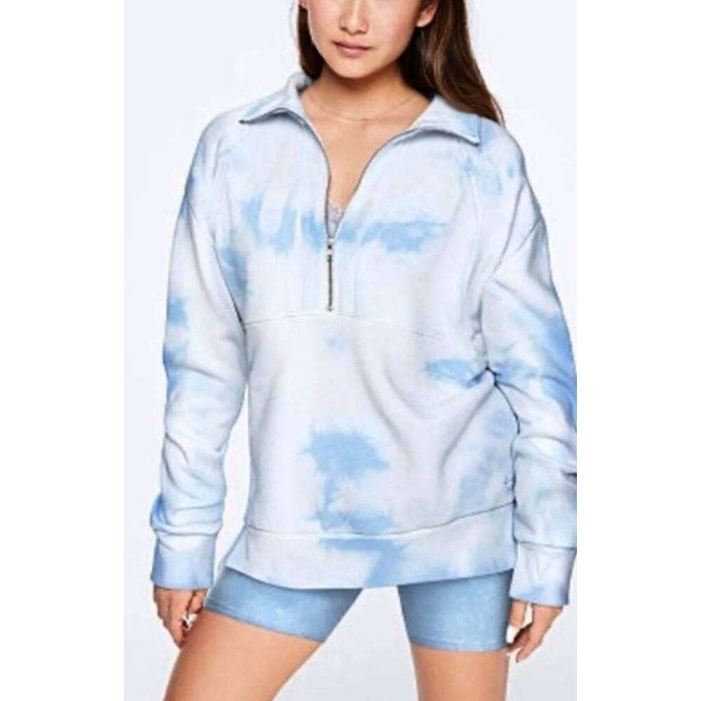 3666)Victoria's Secret PINK Tie Die Blue Half Zip Pullover Oversize Sweatshirt S